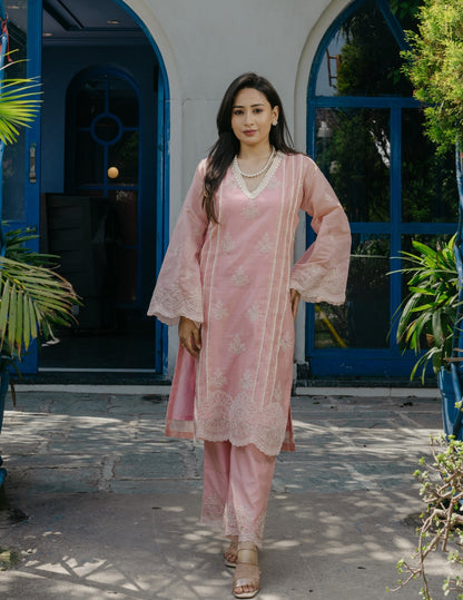 Jogan chanderi lace work  embroidered pink suit set