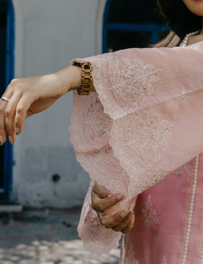 Jogan chanderi lace work  embroidered pink suit set