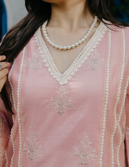 Jogan chanderi lace work  embroidered pink suit set