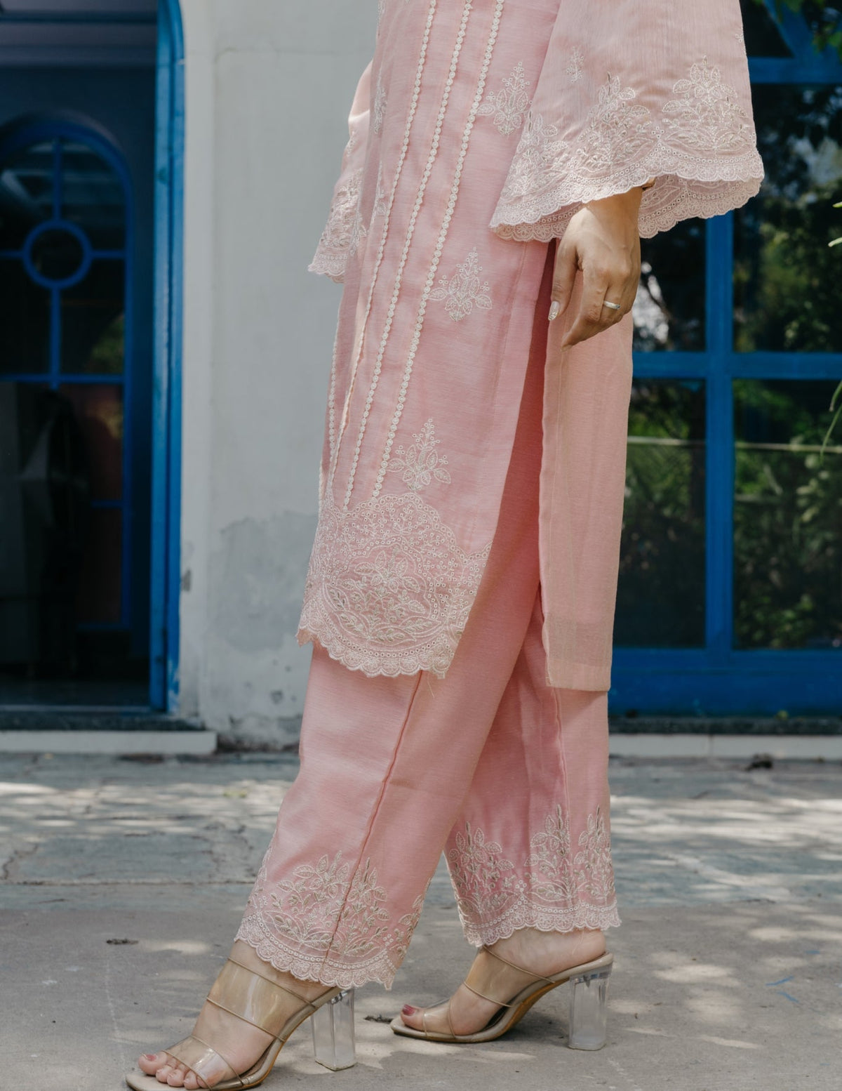 Jogan chanderi lace work  embroidered pink suit set