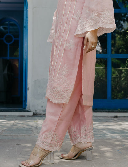 Jogan chanderi lace work  embroidered pink suit set