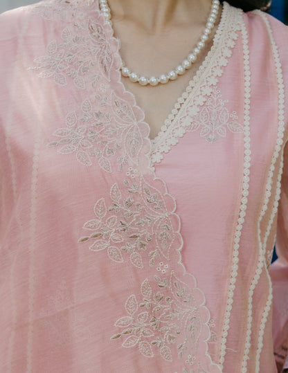Jogan chanderi lace work  embroidered pink suit set