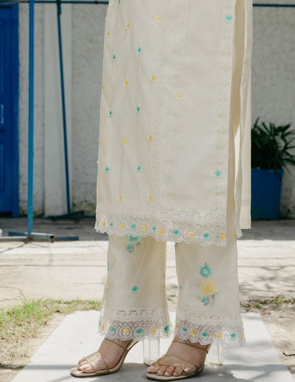 Ishq Chanderi parsi style  embroidered cream suit set