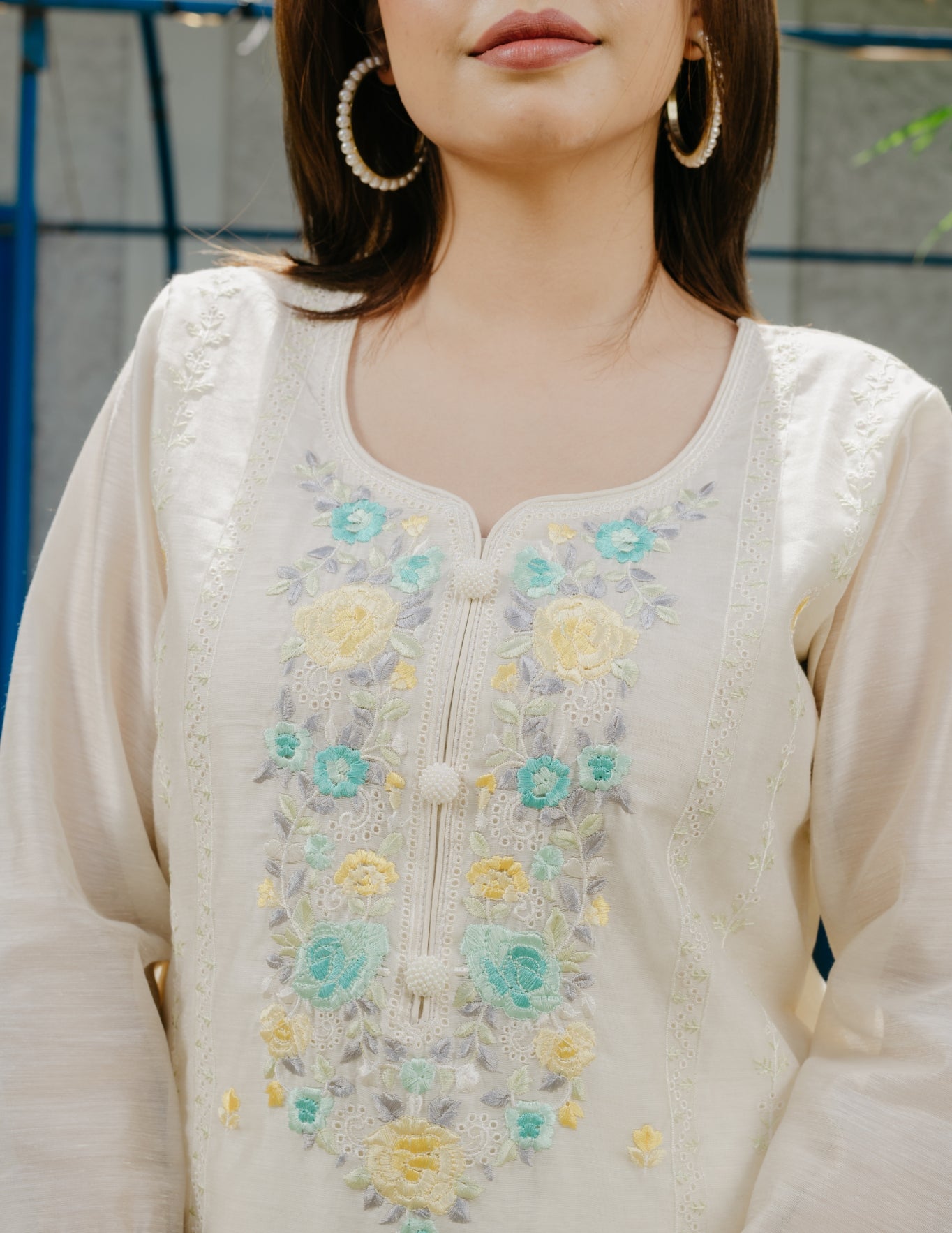 Ishq Chanderi parsi style  embroidered cream suit set