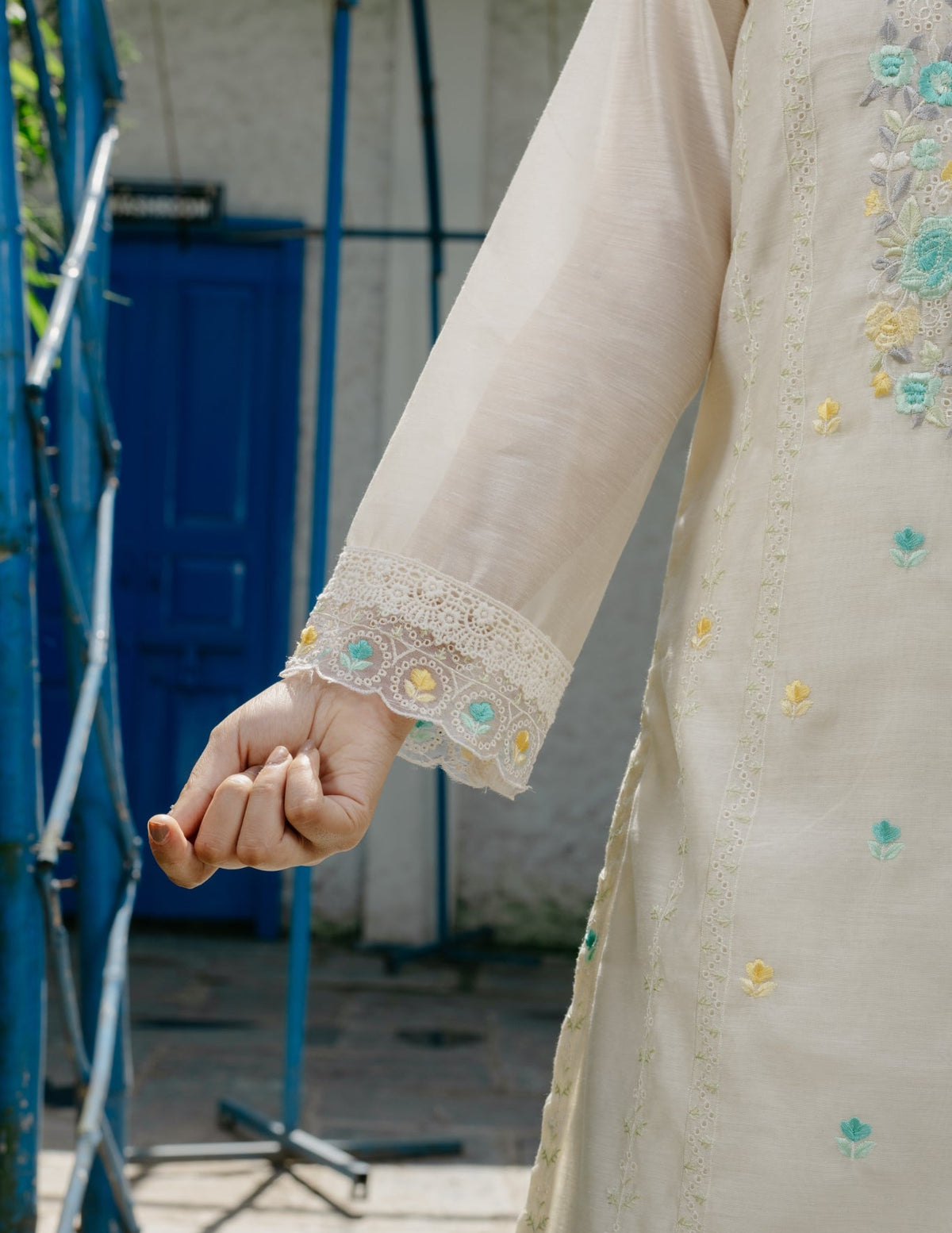 Ishq Chanderi parsi style  embroidered cream suit set