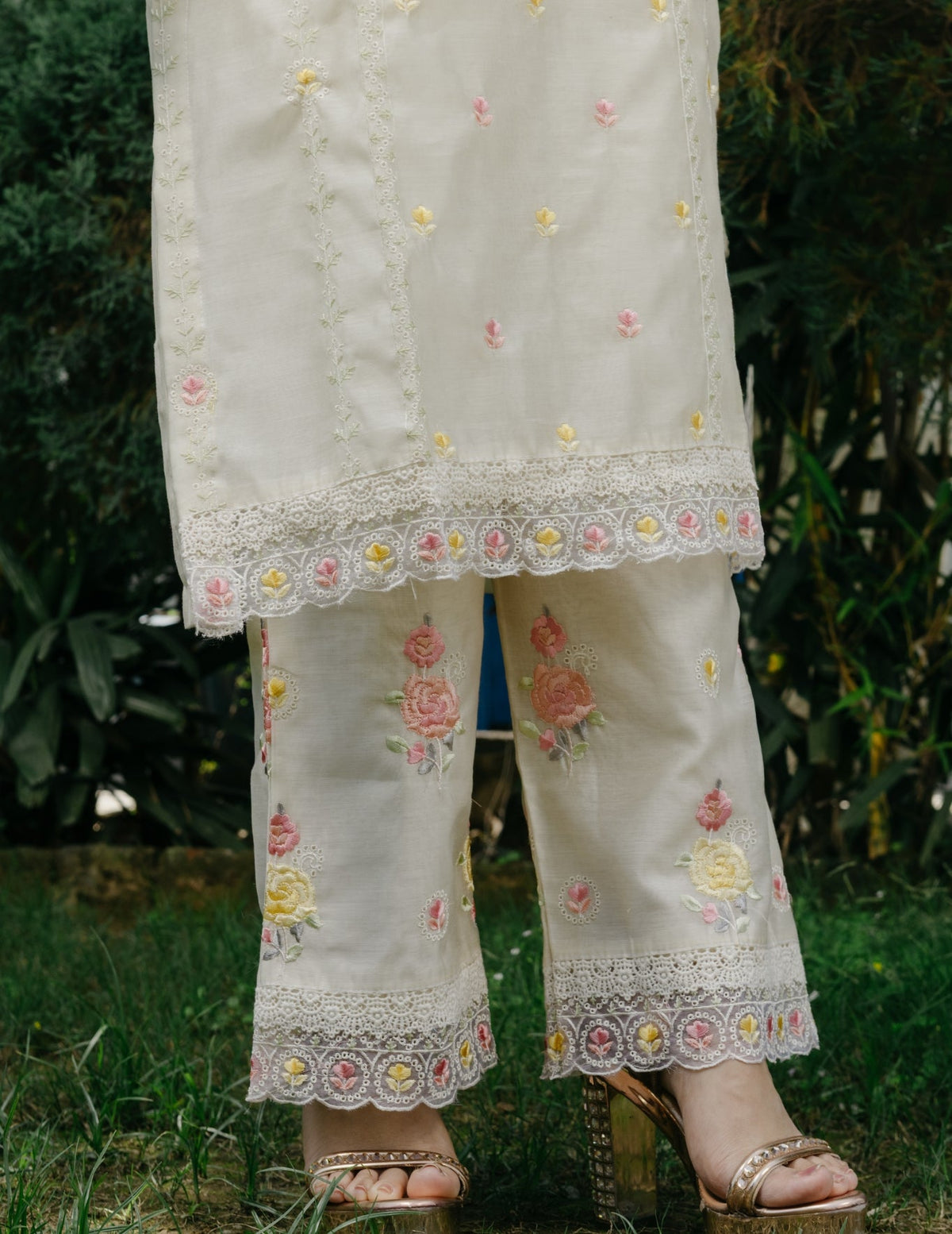 Ishq chanderi parsi style embroidered cream suit set