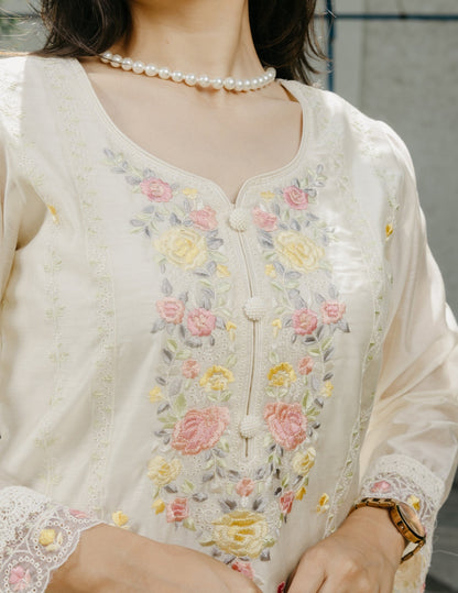Ishq chanderi parsi style embroidered cream suit set