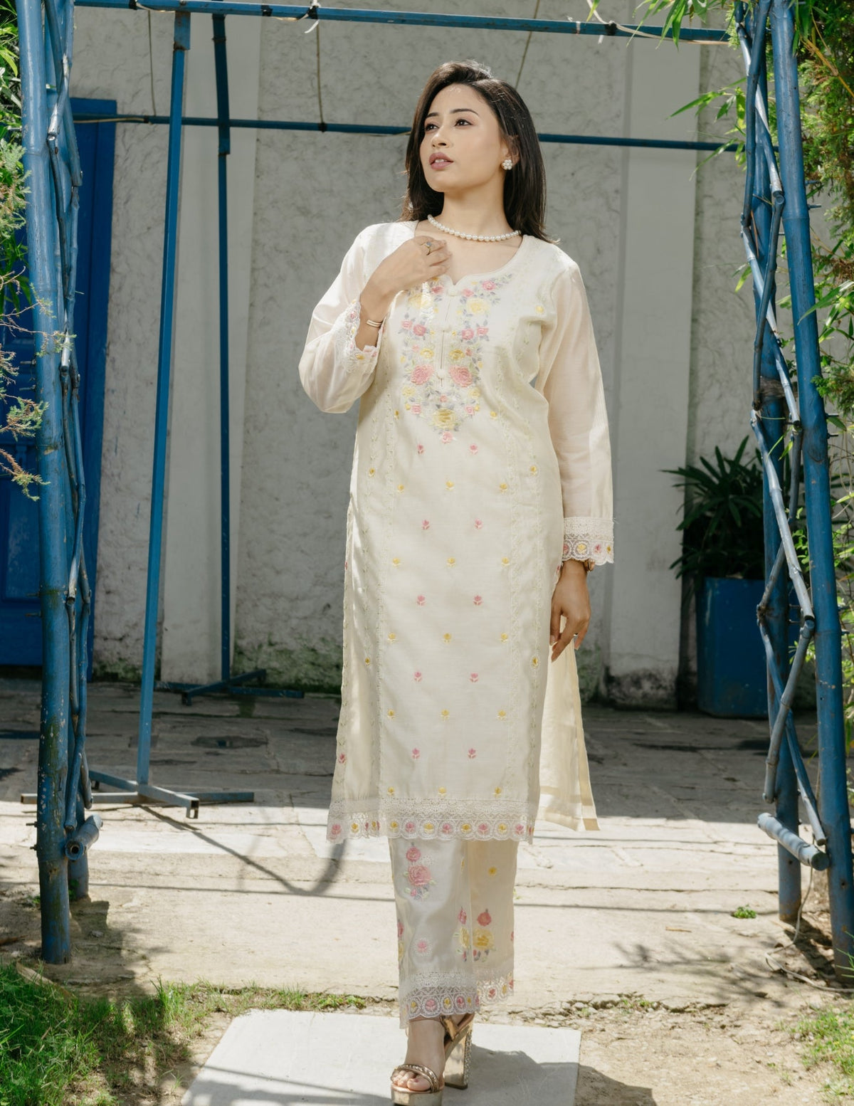 Ishq chanderi parsi style embroidered cream suit set