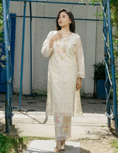 Ishq chanderi parsi style embroidered cream suit set