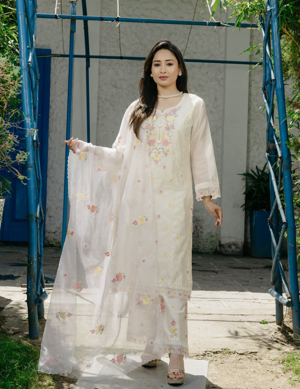 Ishq chanderi parsi style embroidered cream suit set
