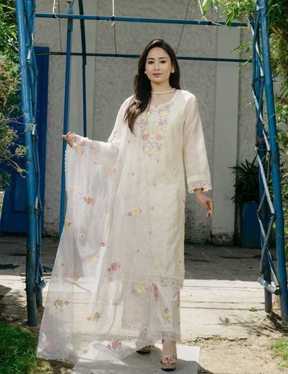 Ishq chanderi parsi style embroidered cream suit set