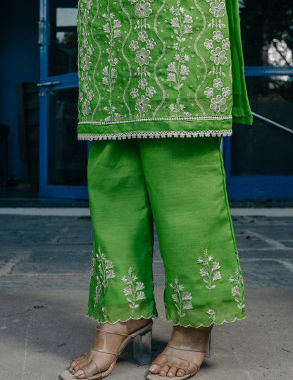 Ruh chanderi embroidered green a line suit set