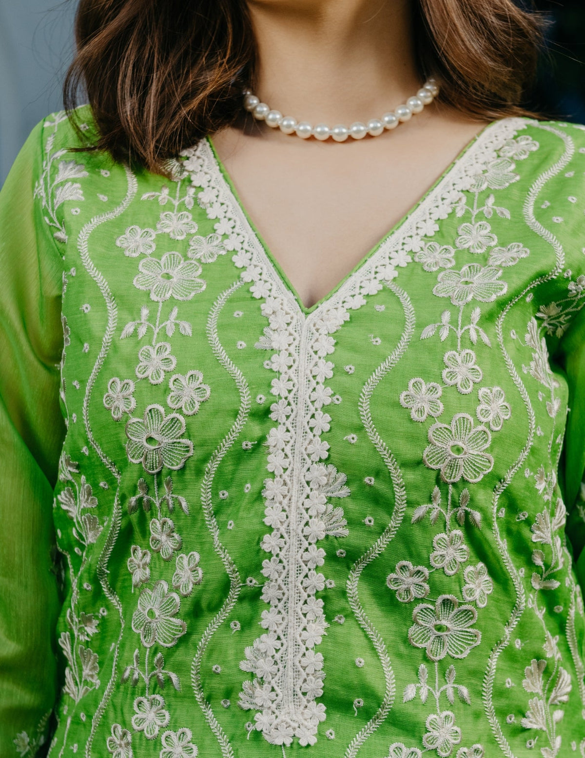 Ruh chanderi embroidered green a line suit set