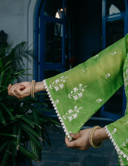 Ruh chanderi embroidered green a line suit set