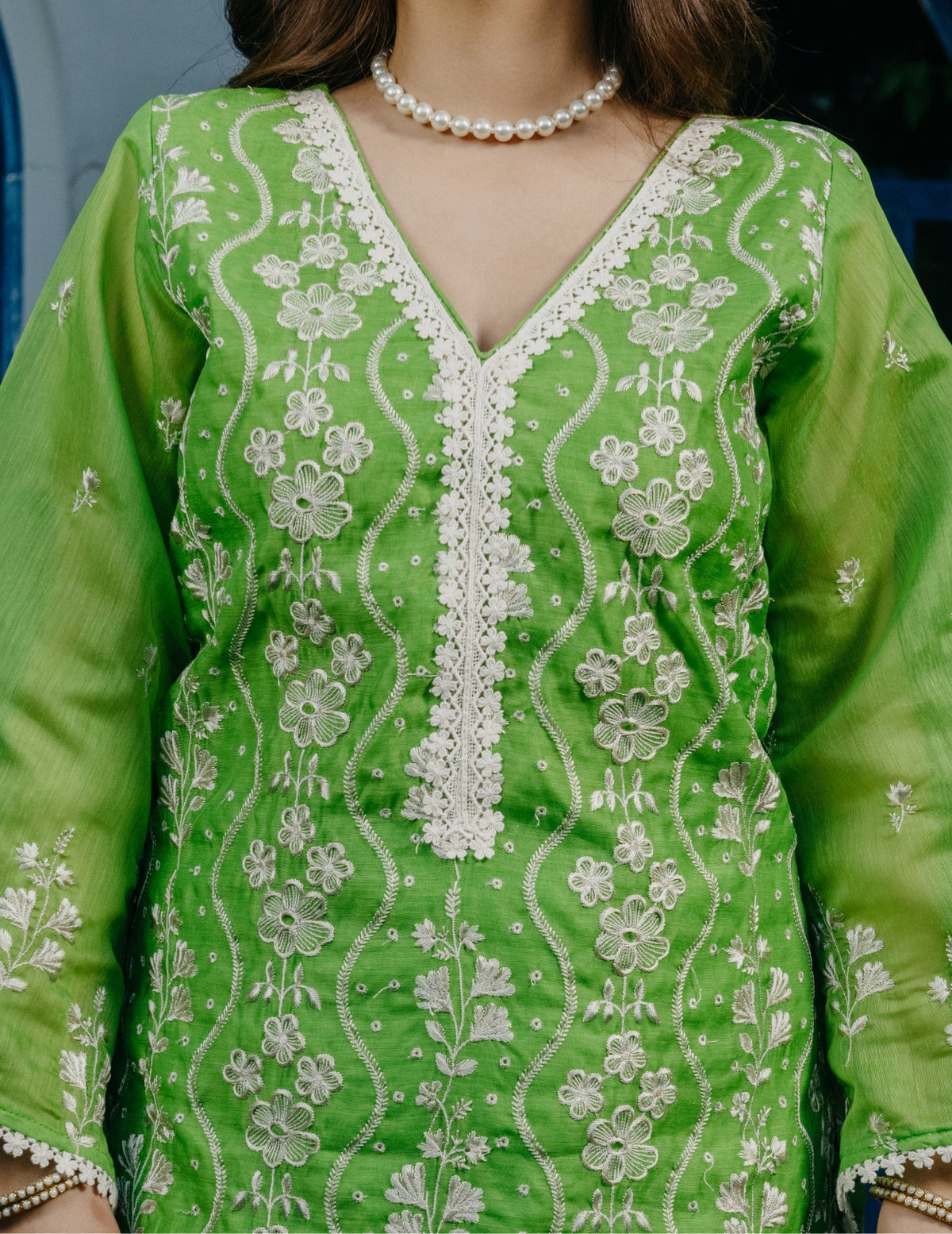 Ruh chanderi embroidered green a line suit set