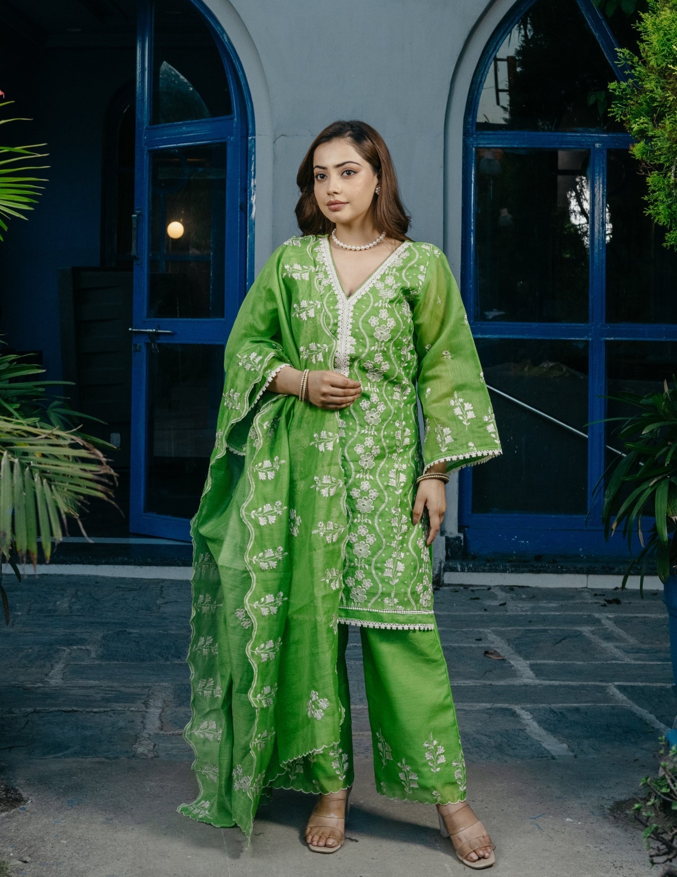 Ruh chanderi embroidered green a line suit set