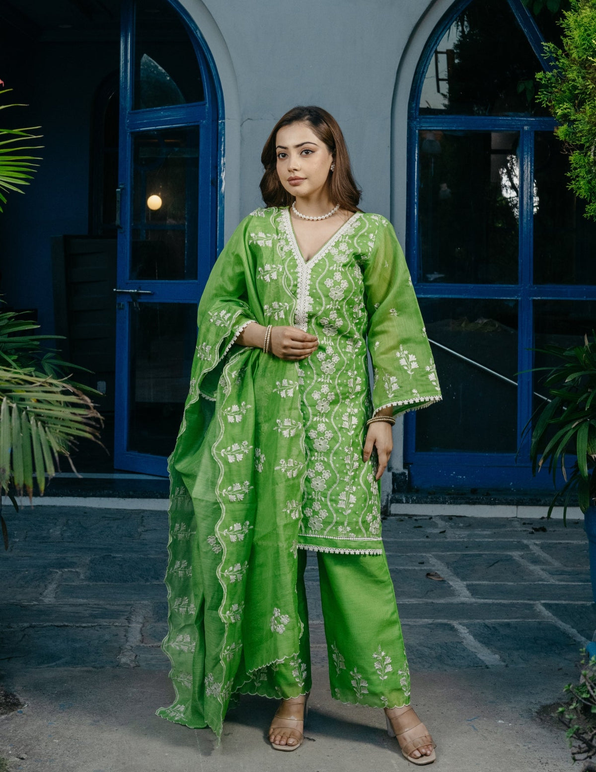 Ruh chanderi embroidered green a line suit set
