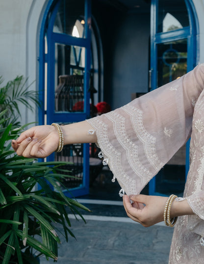 Zariya mul chanderi hand embroidered beige suit set