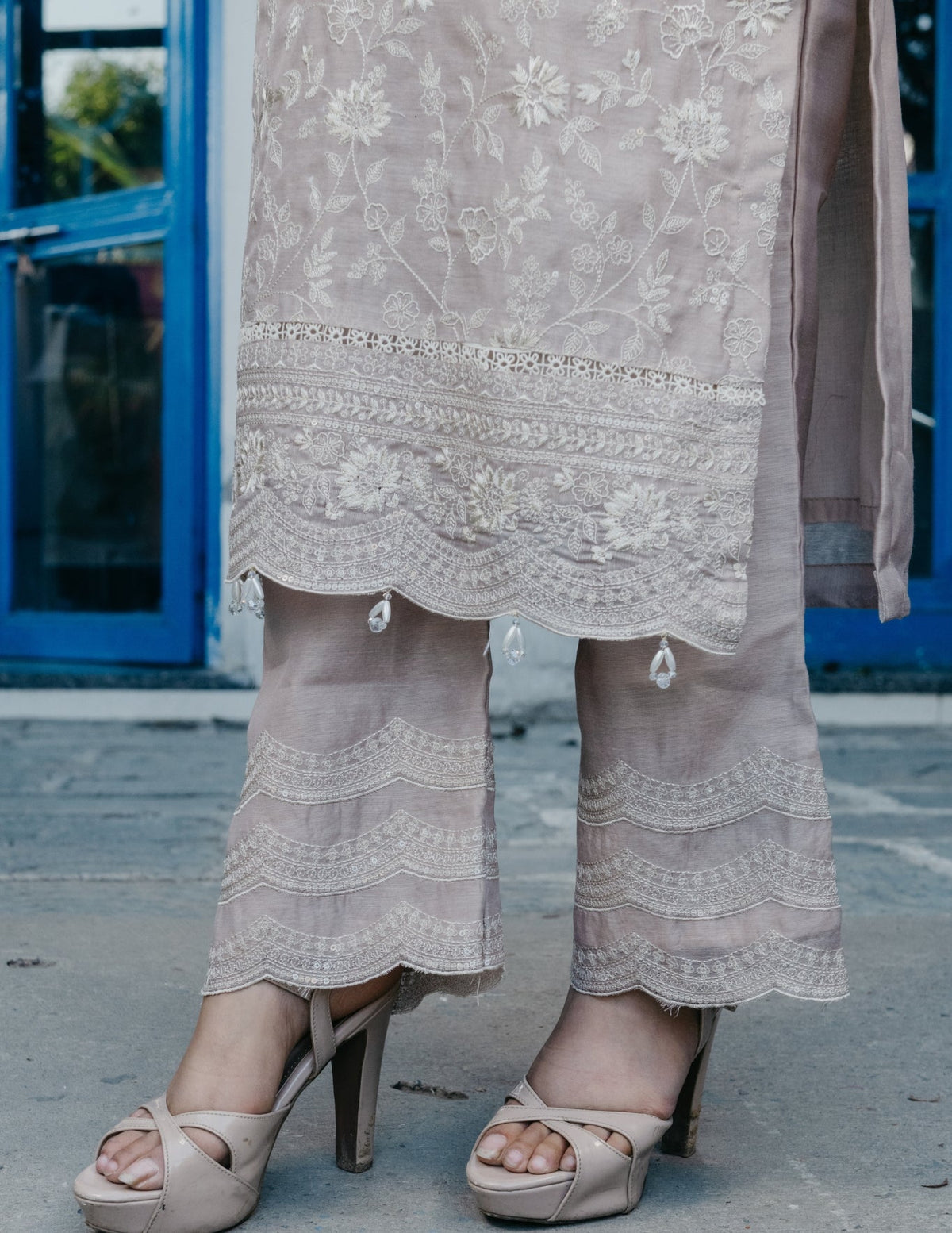 Zariya mul chanderi hand embroidered beige suit set