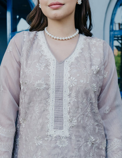 Zariya mul chanderi hand embroidered beige suit set