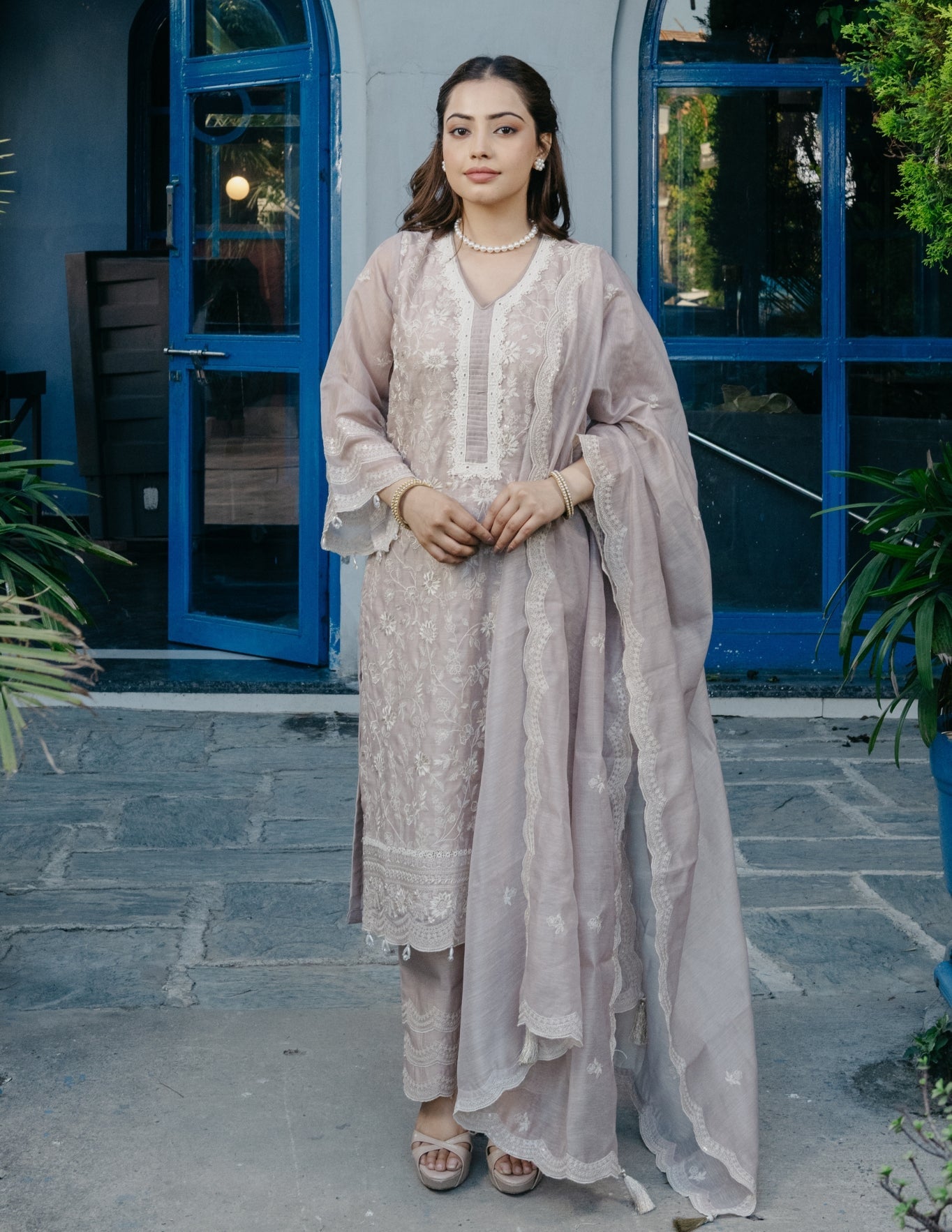 Zariya mul chanderi hand embroidered beige suit set