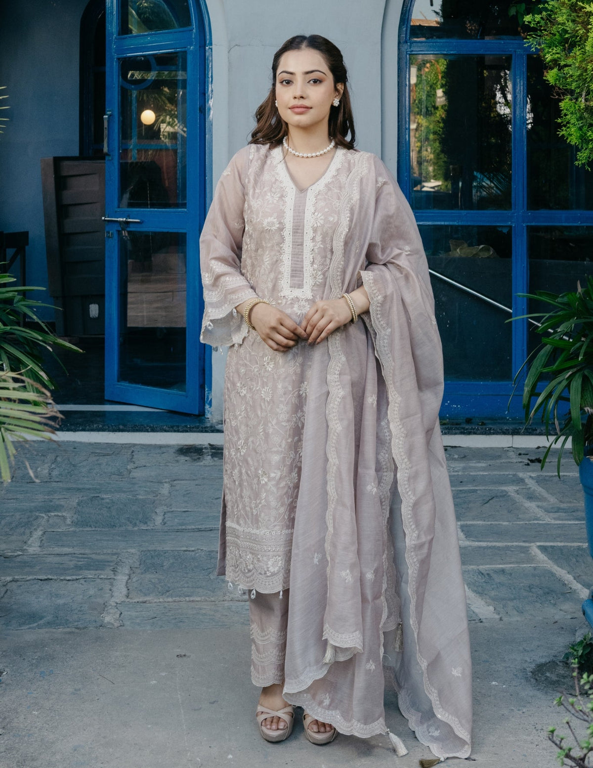 Zariya mul chanderi hand embroidered beige suit set