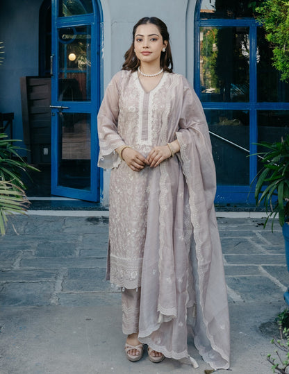 Zariya mul chanderi hand embroidered beige suit set