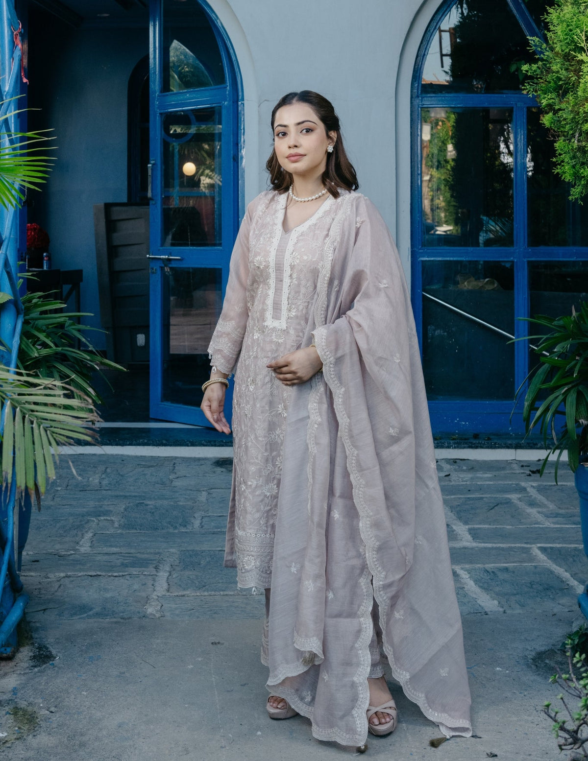Zariya mul chanderi hand embroidered beige suit set
