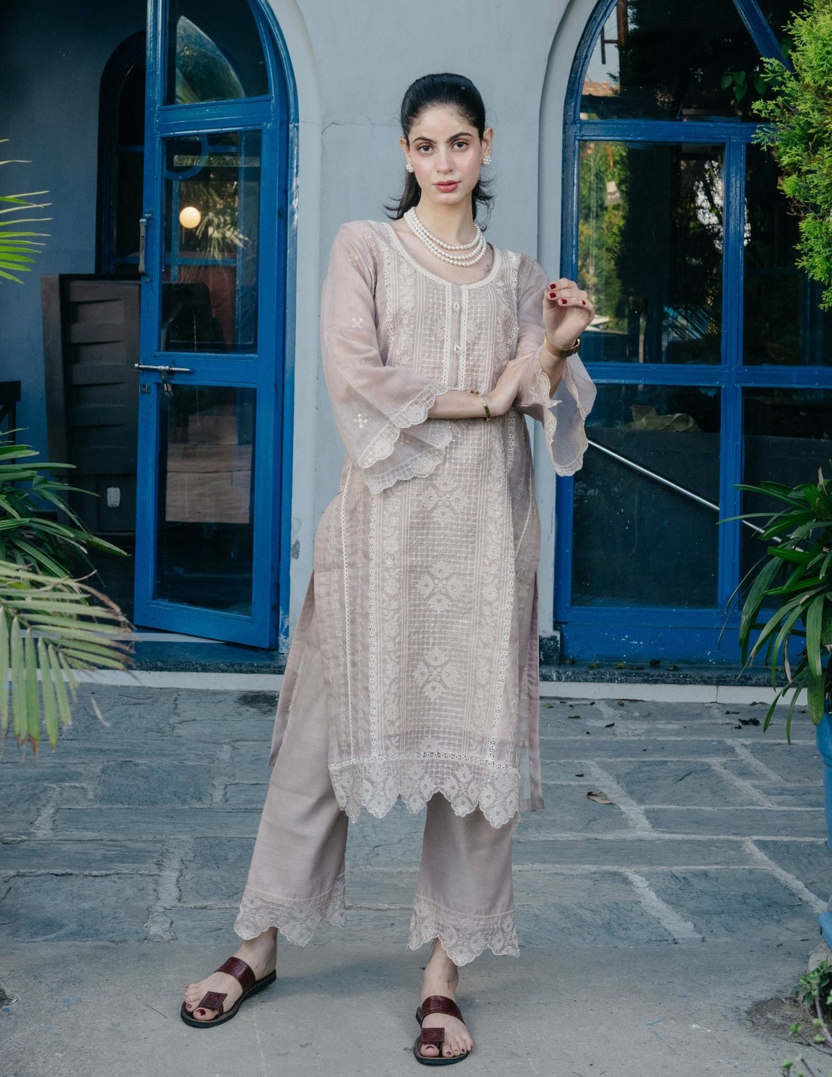 Zariya mul chanderi embroidered beige suit set