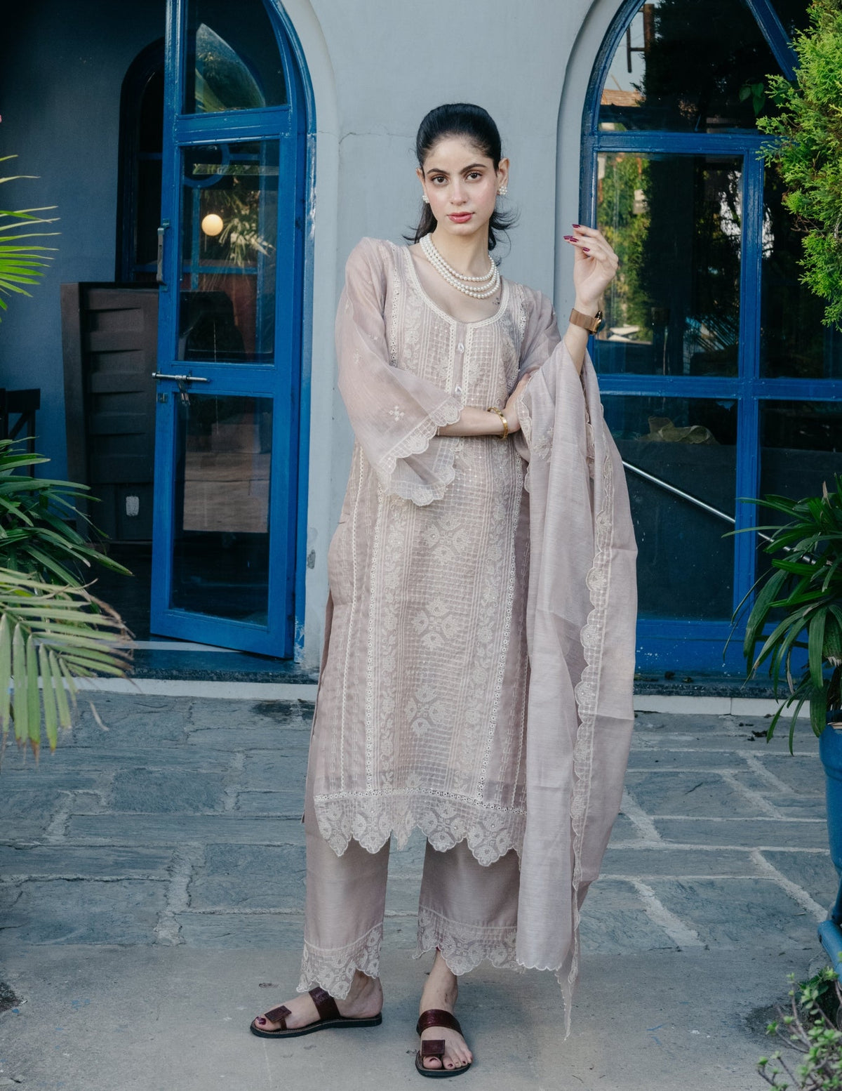 Zariya mul chanderi embroidered beige suit set