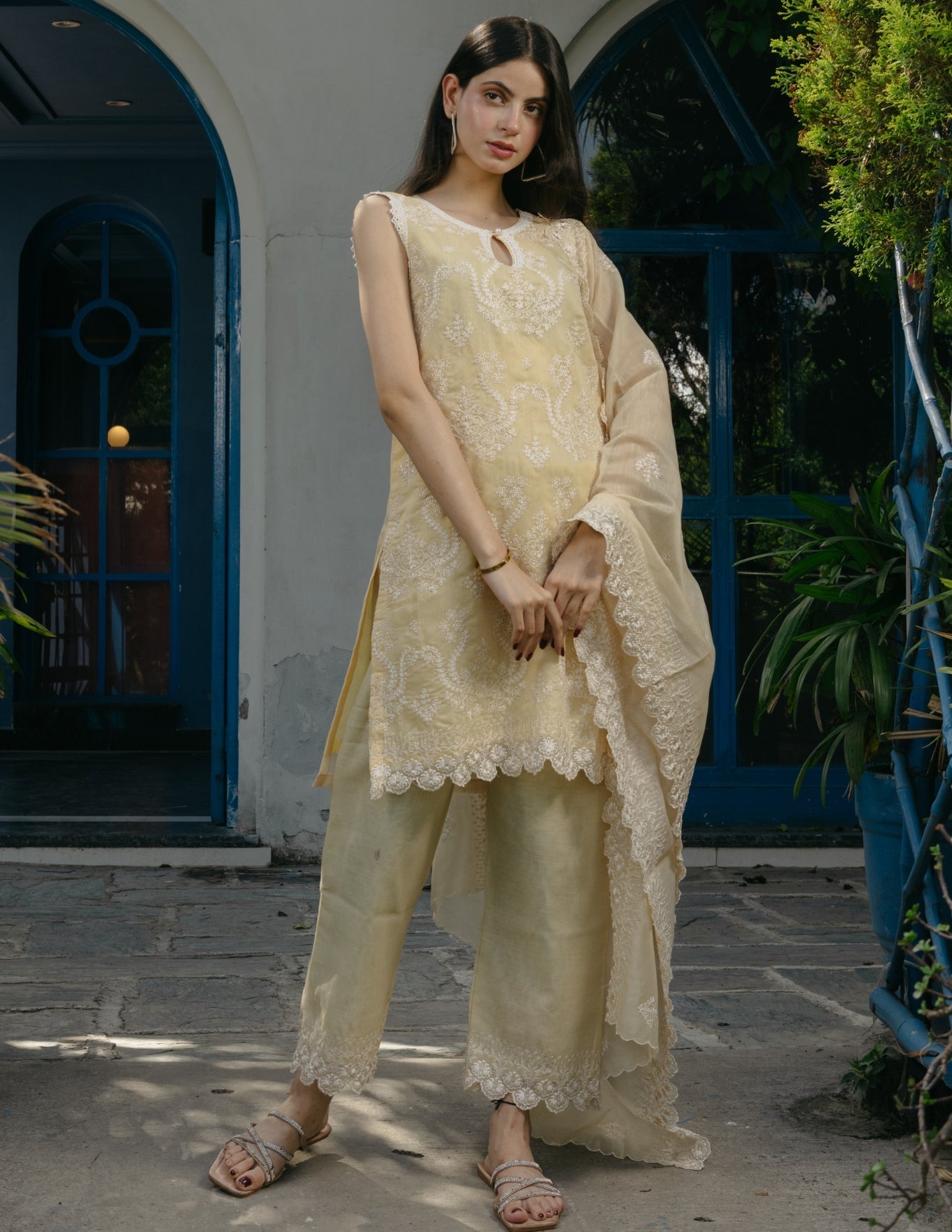 Smrti mul chanderi embroidered yellow suit set