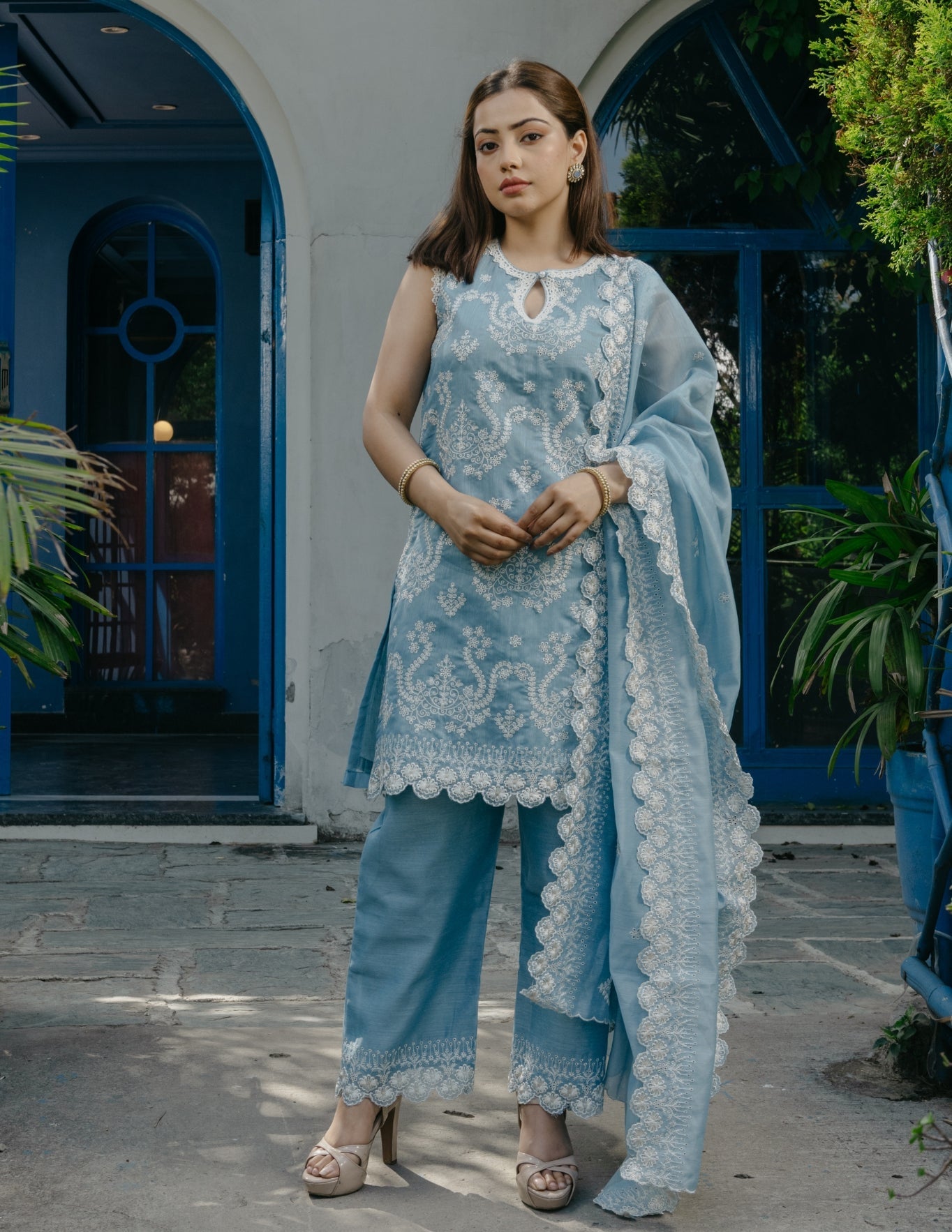 Smrti mul chanderi embroidered blue suit set