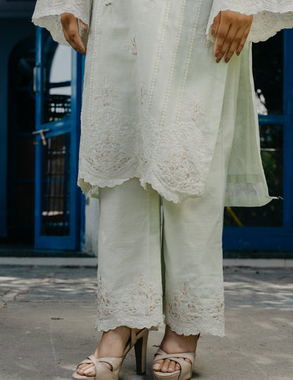 Jogan chanderi embroidered lace work light green suit set