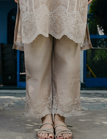 Jogan chanderi lace work embroidered beige suit set