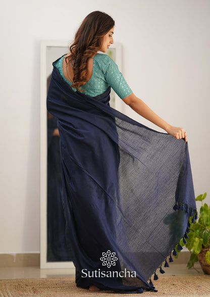 Dhiyona SS Sutisancha Navyblue Handloom Cotton Saree with Designer Blouse