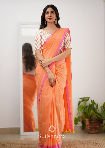 Dhiyona SS Sutisancha Peachpink Handloom Cotton Saree With Designer Blouse