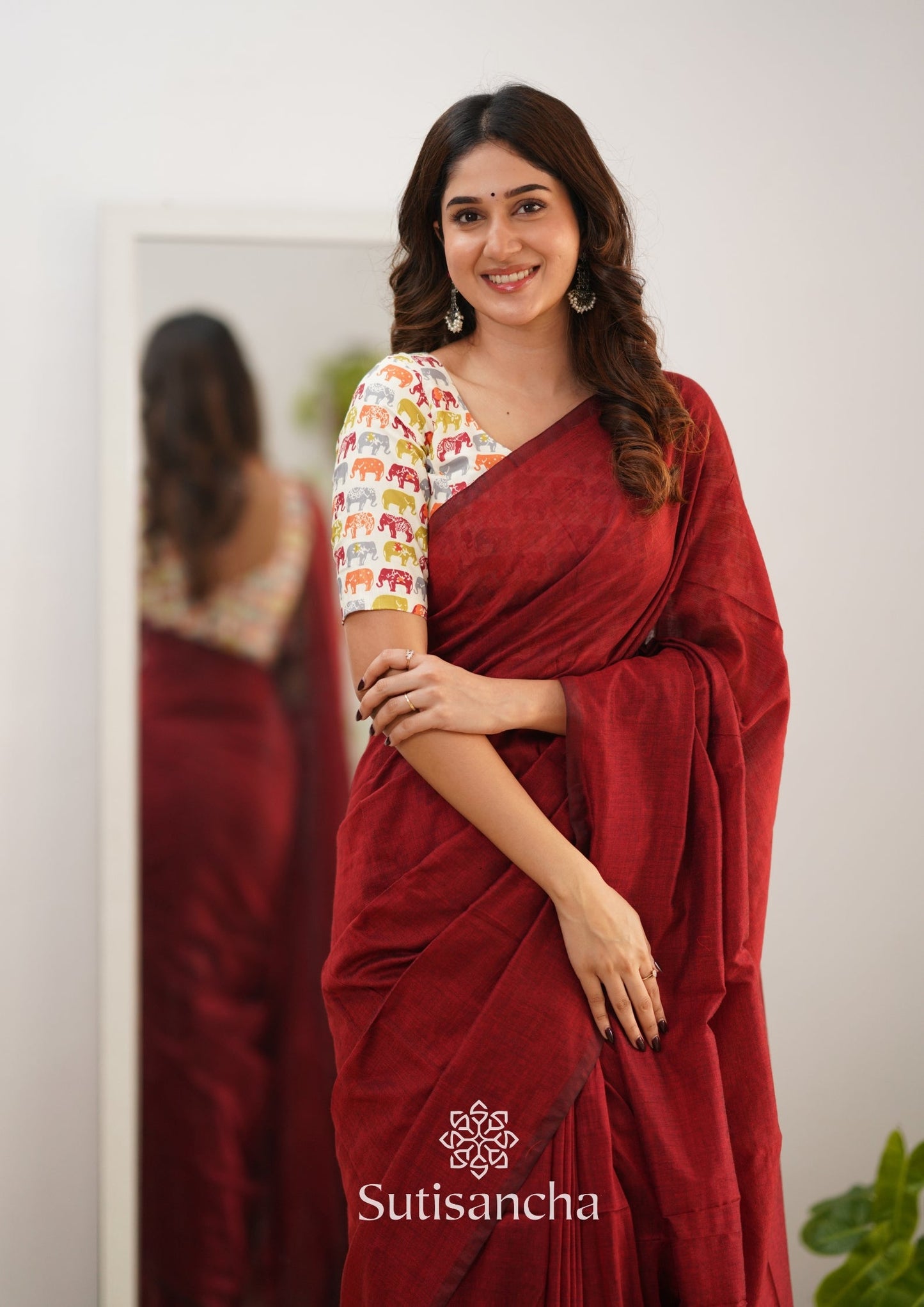 Dhiyona SS Sutisancha Cherry Maroon Handloom Cotton Saree With Blouse