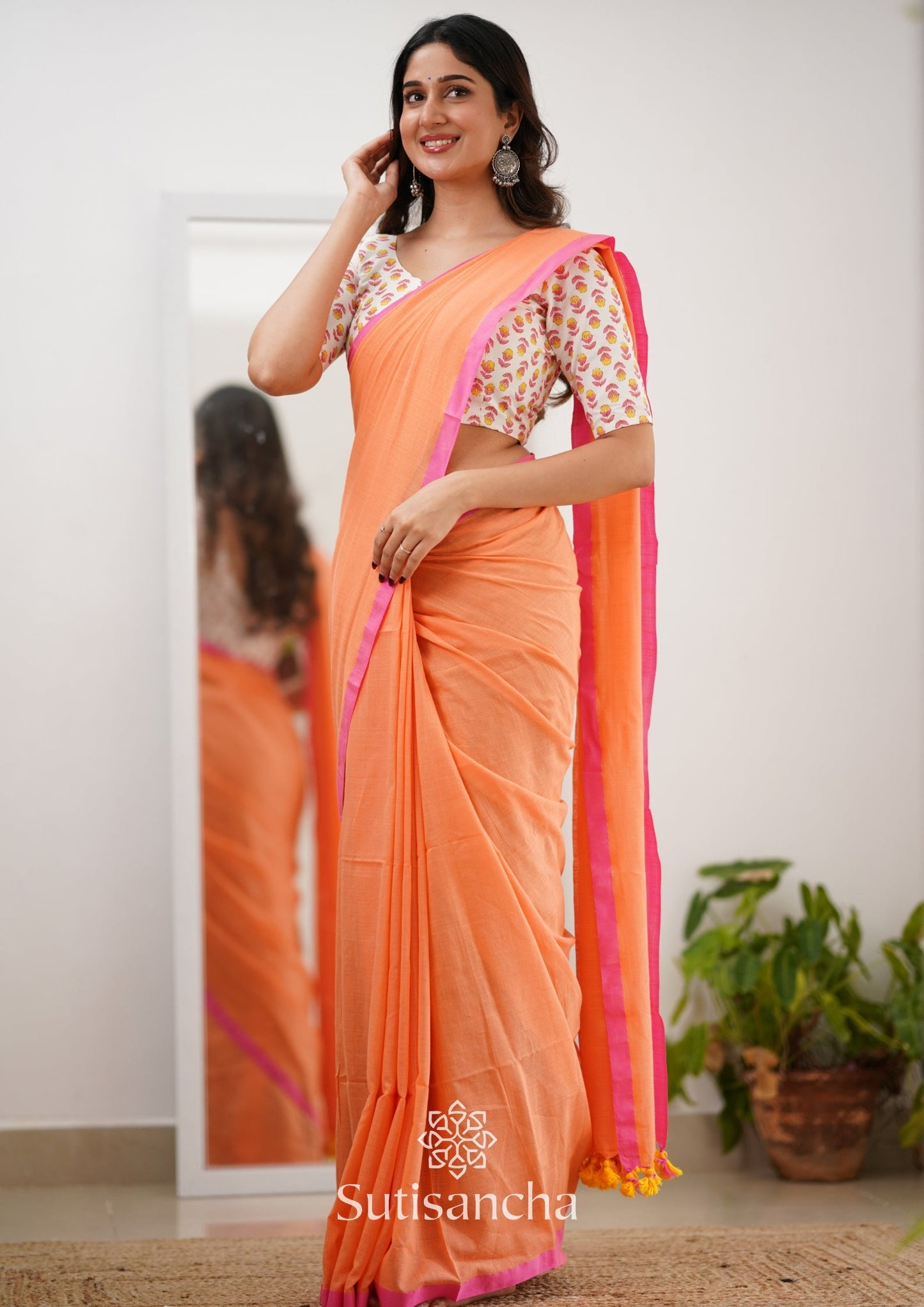 Dhiyona SS Sutisancha Peachpink Handloom Cotton Saree With Designer Blouse