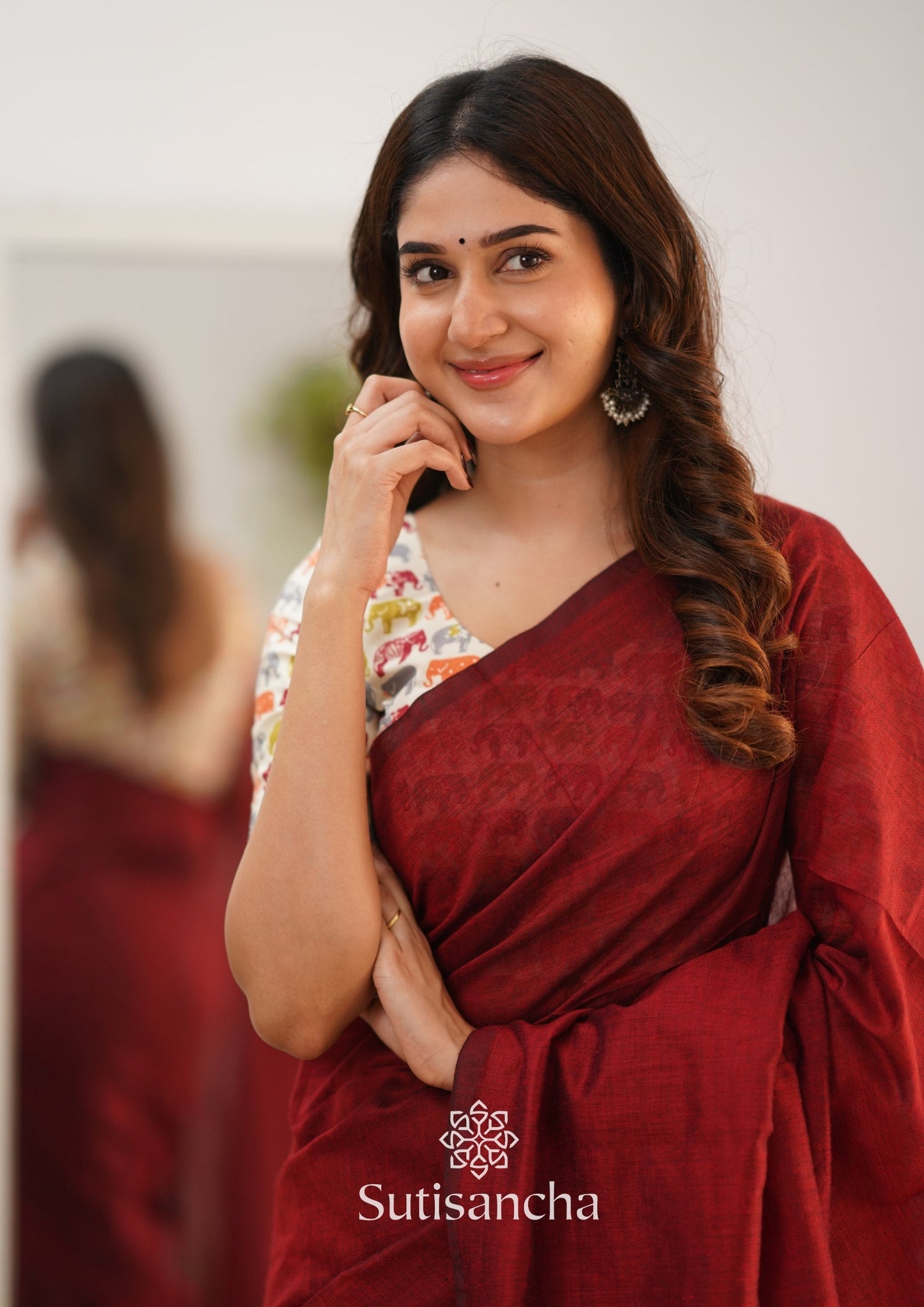 Dhiyona SS Sutisancha Cherry Maroon Handloom Cotton Saree With Blouse