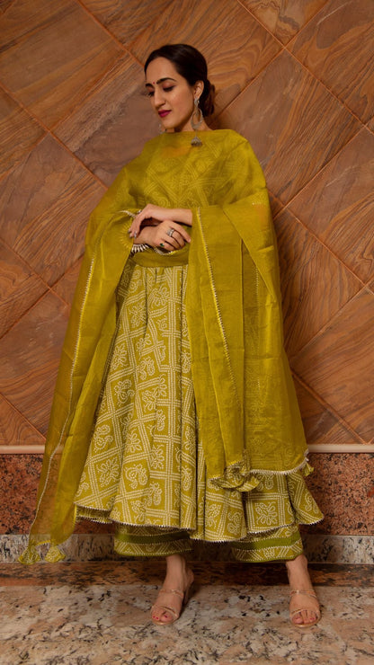 Bandhej Mehendi Green Cotton  Anarkali Set