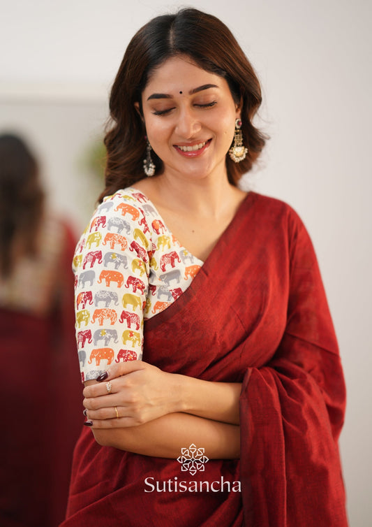 Dhiyona SS Sutisancha Cherry Maroon Handloom Cotton Saree With Blouse