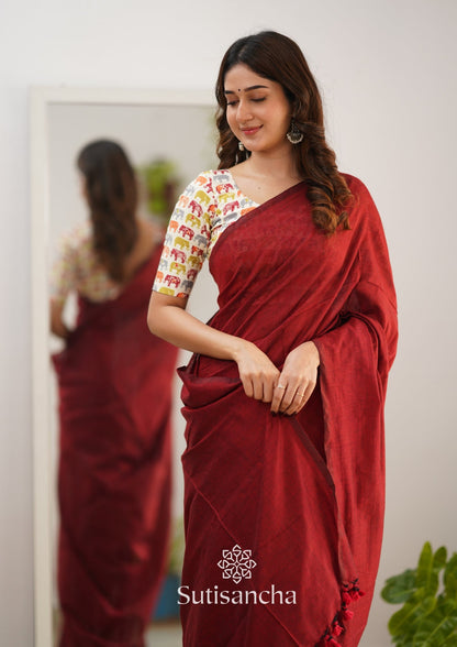 Dhiyona SS Sutisancha Cherry Maroon Handloom Cotton Saree With Blouse