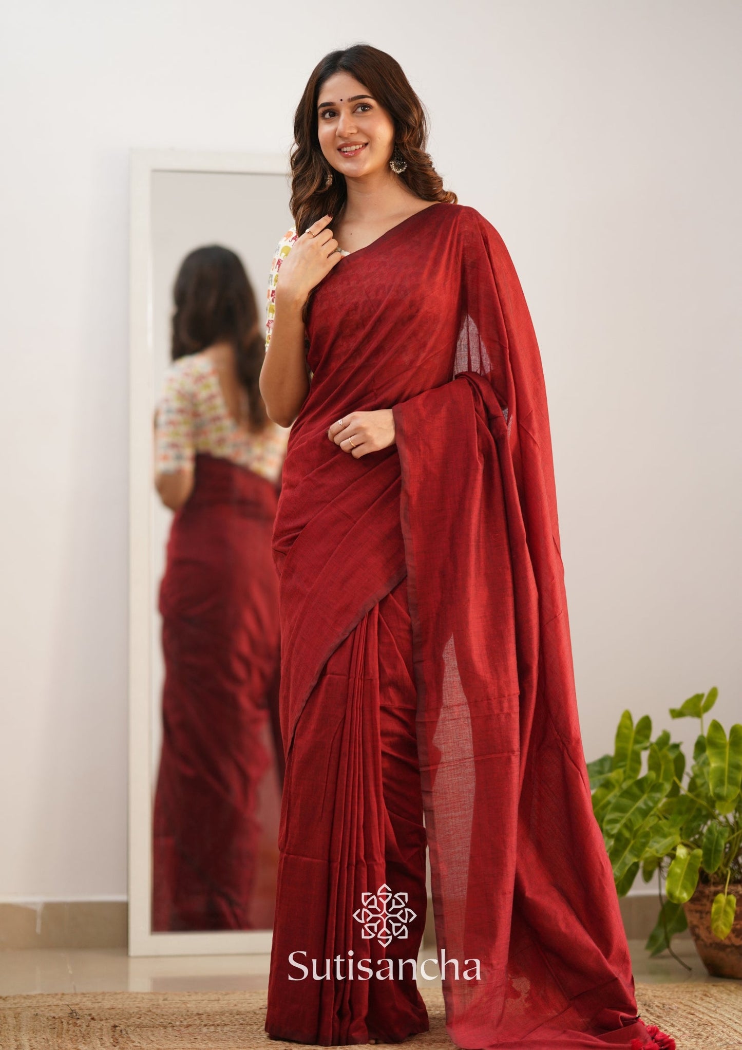 Dhiyona SS Sutisancha Cherry Maroon Handloom Cotton Saree With Blouse