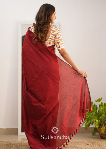 Dhiyona SS Sutisancha Cherry Maroon Handloom Cotton Saree With Blouse