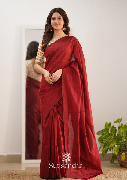 Dhiyona SS Sutisancha Cherry Maroon Handloom Cotton Saree With Blouse