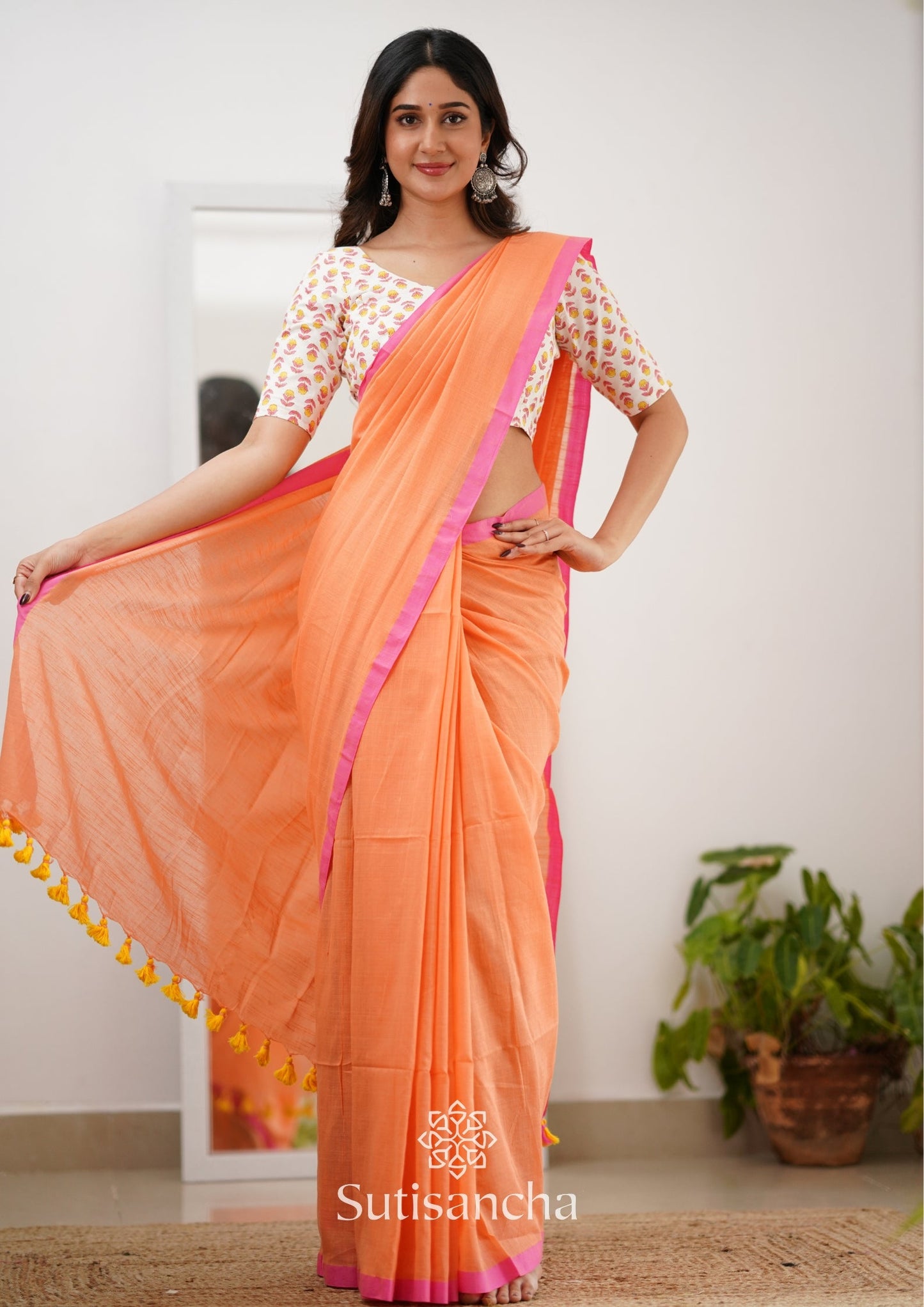 Dhiyona SS Sutisancha Peachpink Handloom Cotton Saree With Designer Blouse
