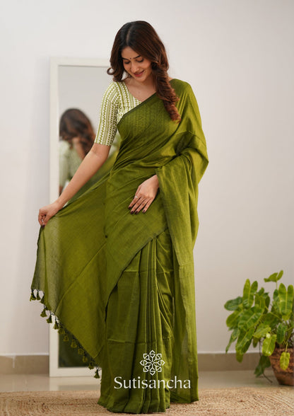 Dhiyona SS Sutisancha Mehndi Handloom Cotton Saree With Designer Blouse