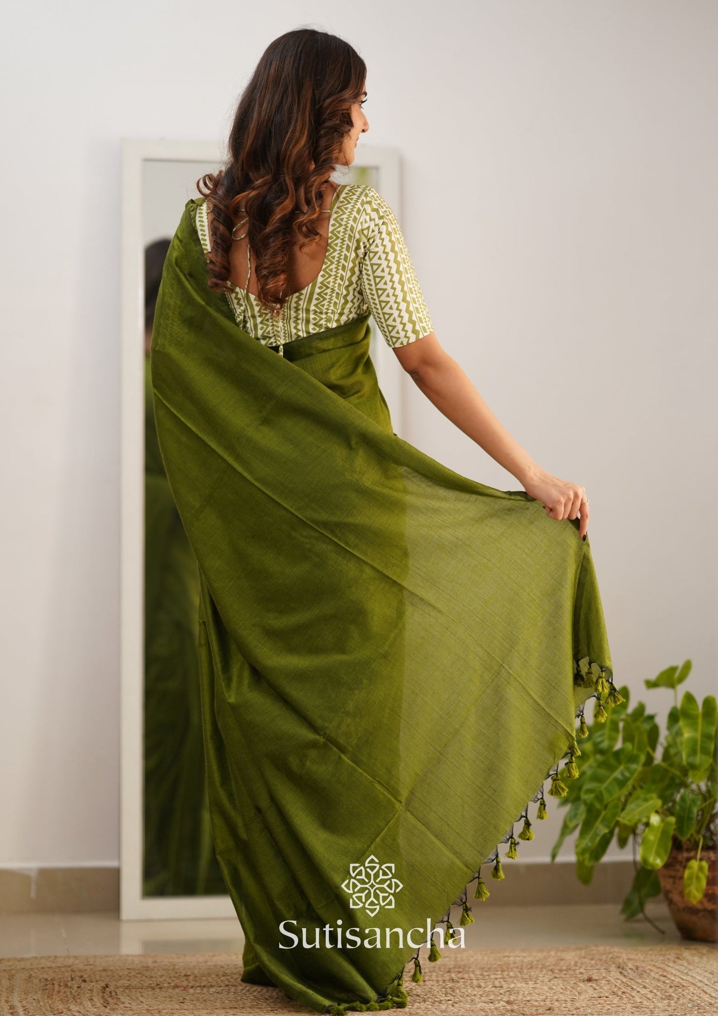 Dhiyona SS Sutisancha Mehndi Handloom Cotton Saree With Designer Blouse