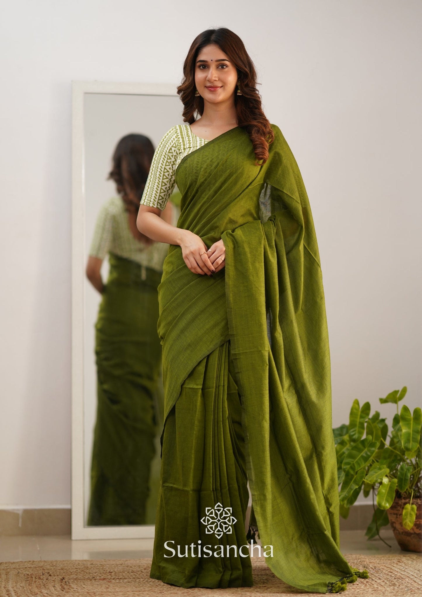 Dhiyona SS Sutisancha Mehndi Handloom Cotton Saree With Designer Blouse