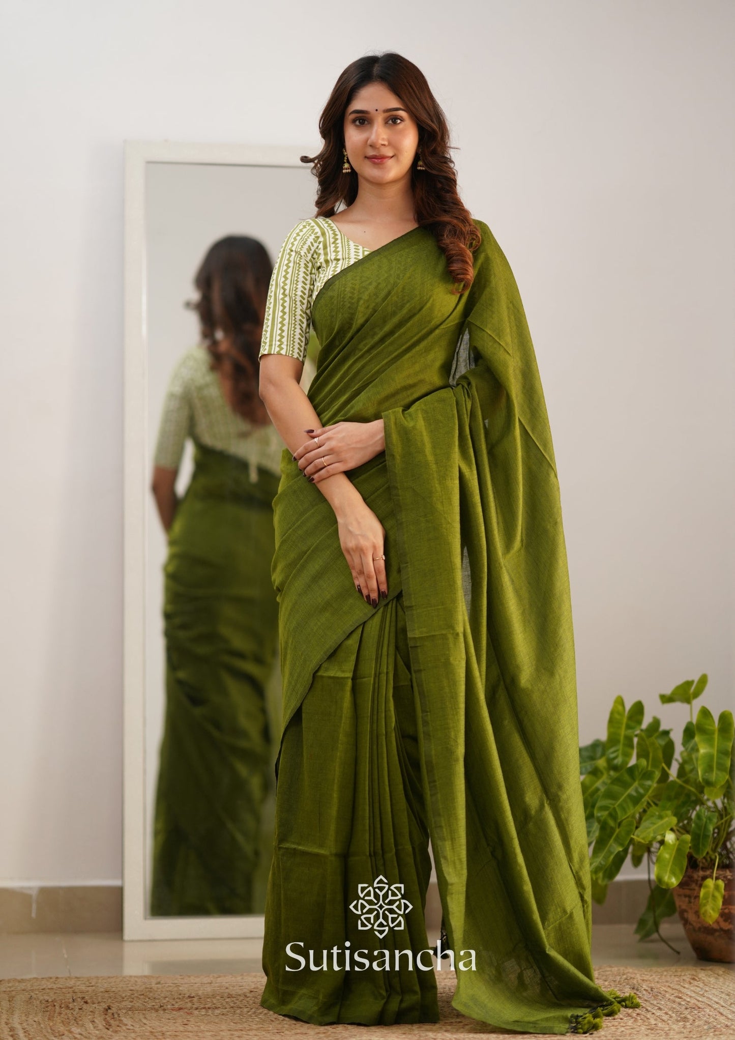 Dhiyona SS Sutisancha Mehndi Handloom Cotton Saree With Designer Blouse